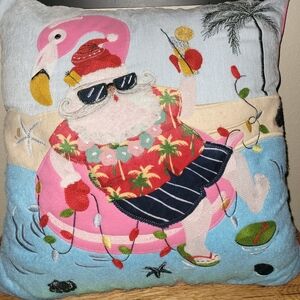 Santa At The Beach Pillow ! 18X18 EXCELLENT CONDITION!